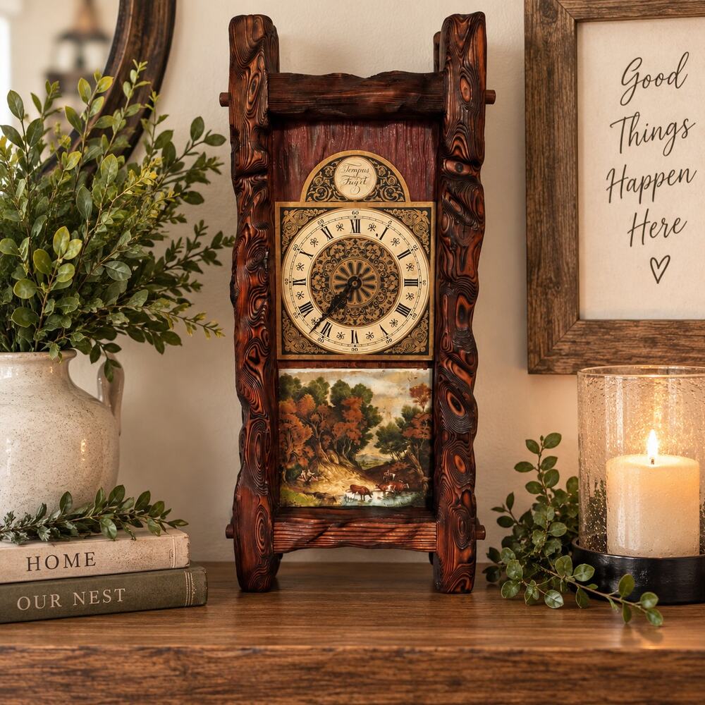 Vintage Tempus Fugit Rustic Wood Mantel Table Clock Roman Numerals